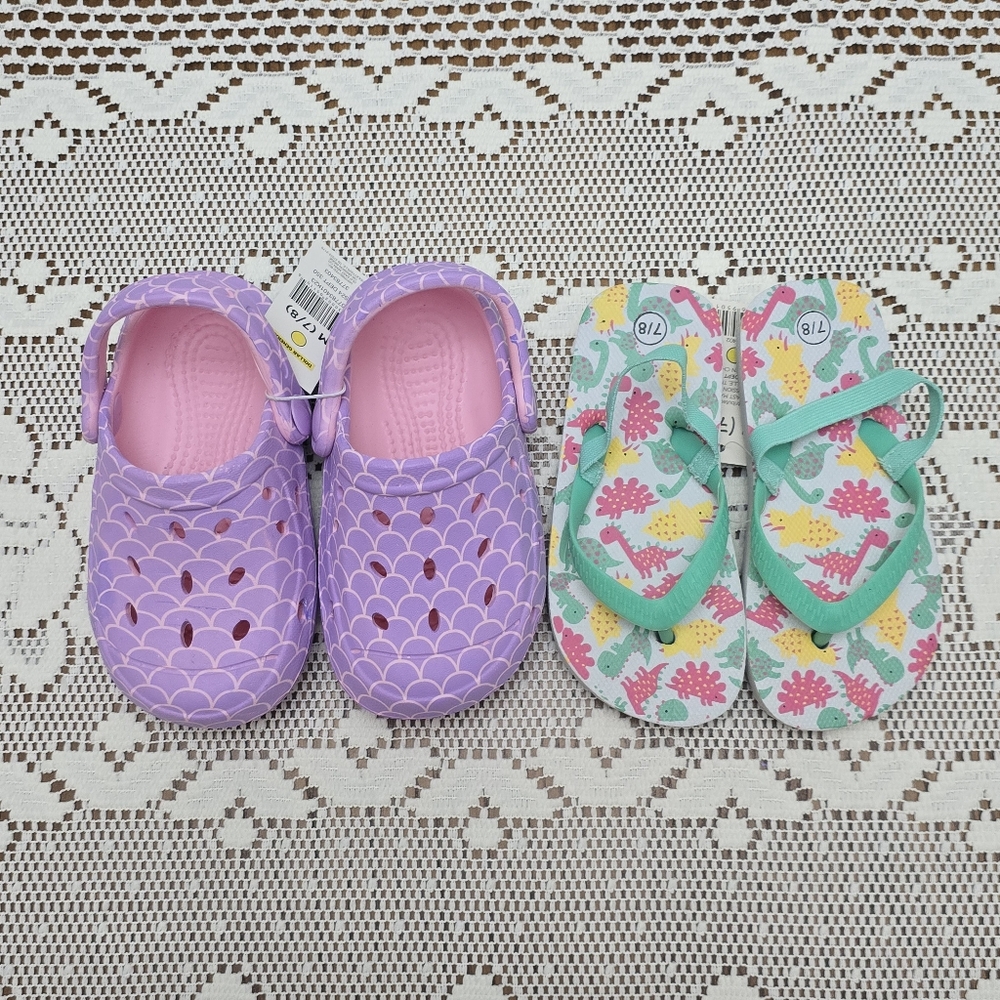 2pk NWT Toddler Girls Purple Clogs Shoes Dinosaur Strap Flip Flops Sandals 7 / 8